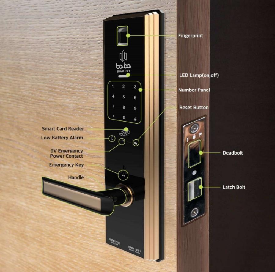 Smart door lock with fire alarm, one-time password, master card, master password, double lock, random password, 